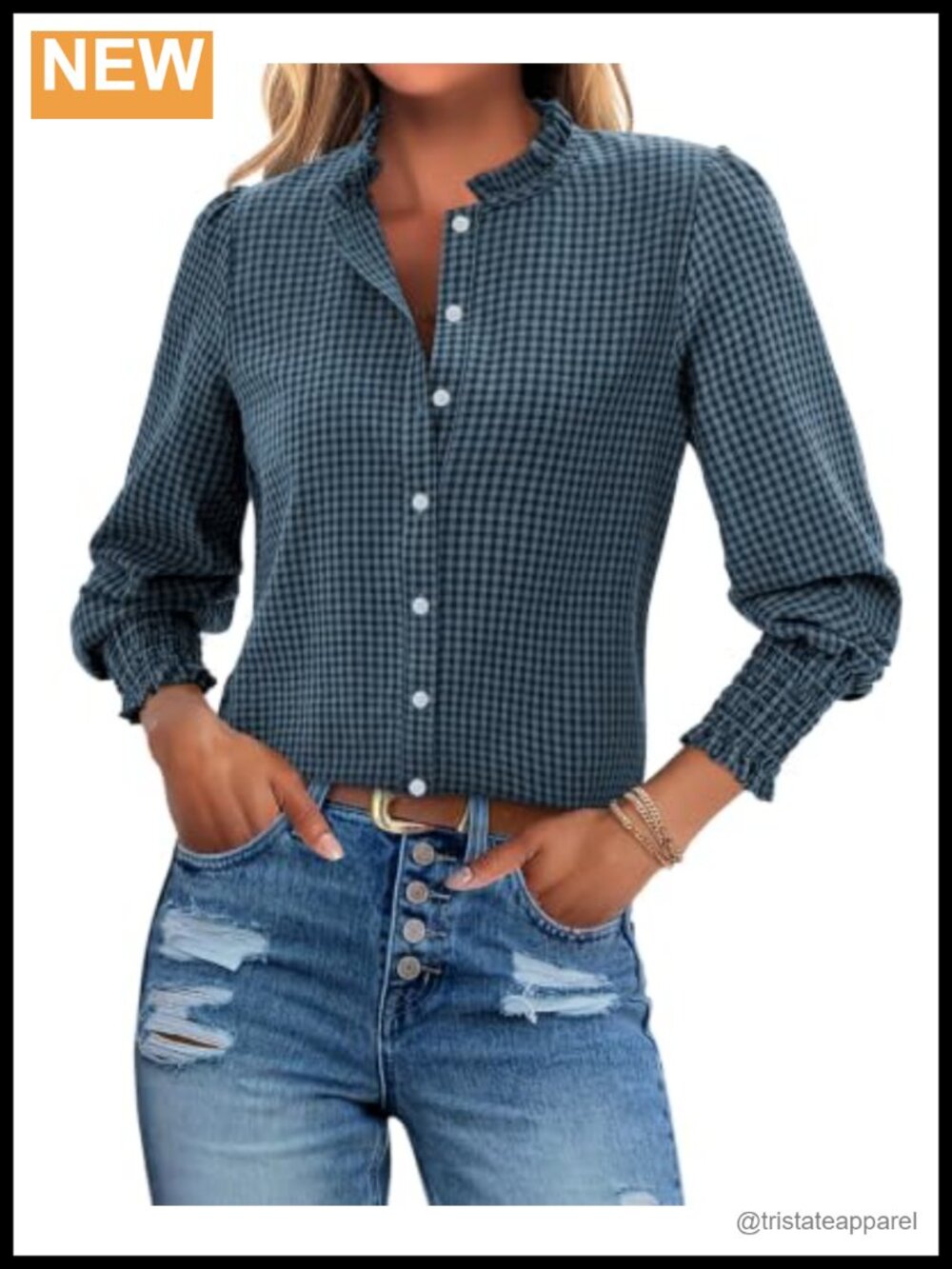 Women's Gingham Button Down Shirt Ruffle Collar Plaid Blouse